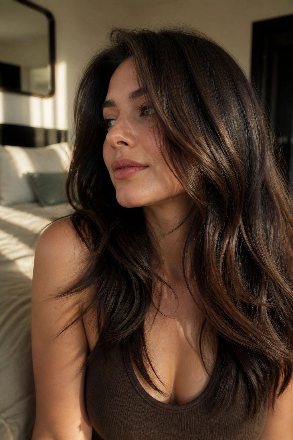 Close-up portrait of chestnut hair with soft black ribbons woven through mid-lengths