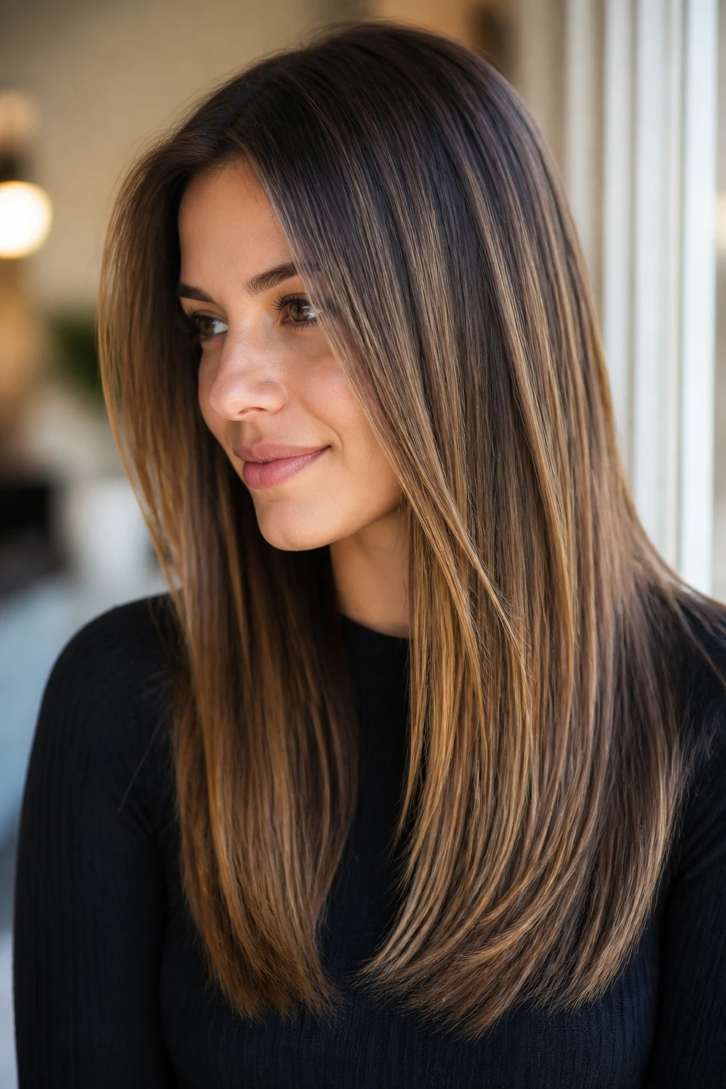 Straight hair with long soft caramel ribbon highlights from mid-length to ends