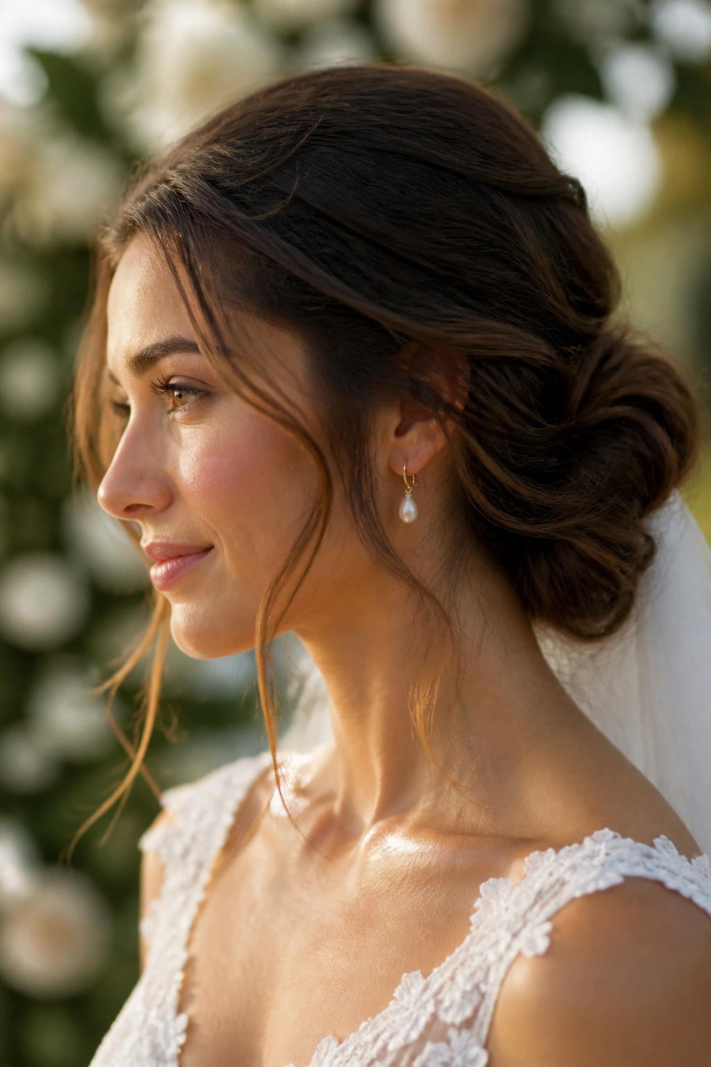 Soft romantic chignon with wispy tendrils on a real bride outdoors