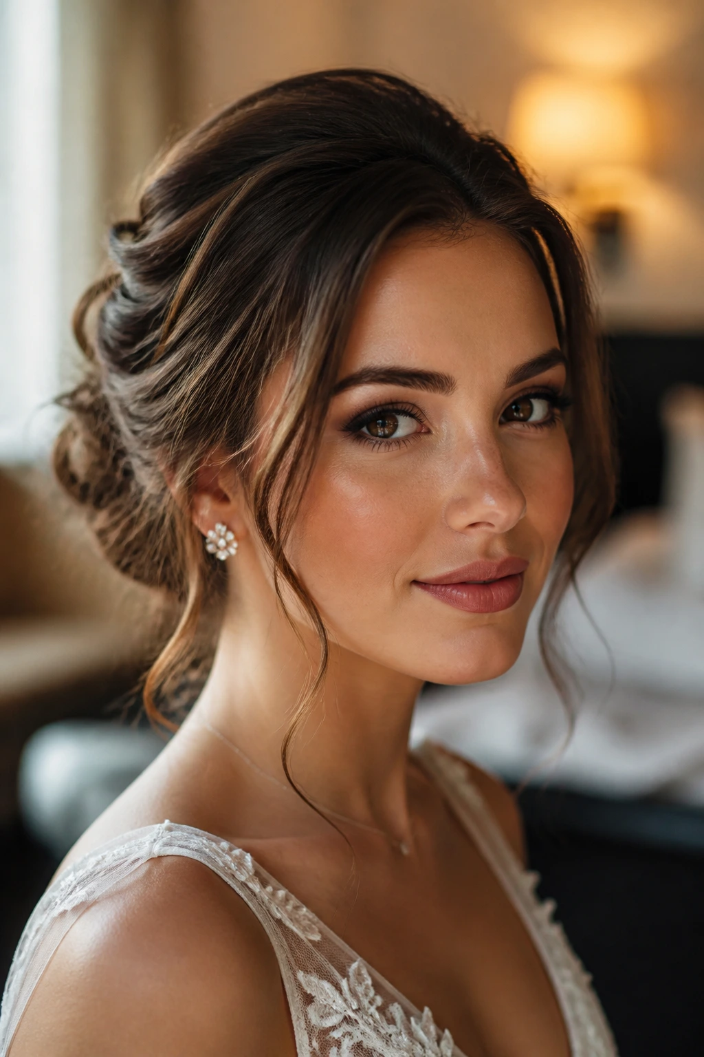 Close-up portrait of real woman with soft romantic updo and loose tendrils