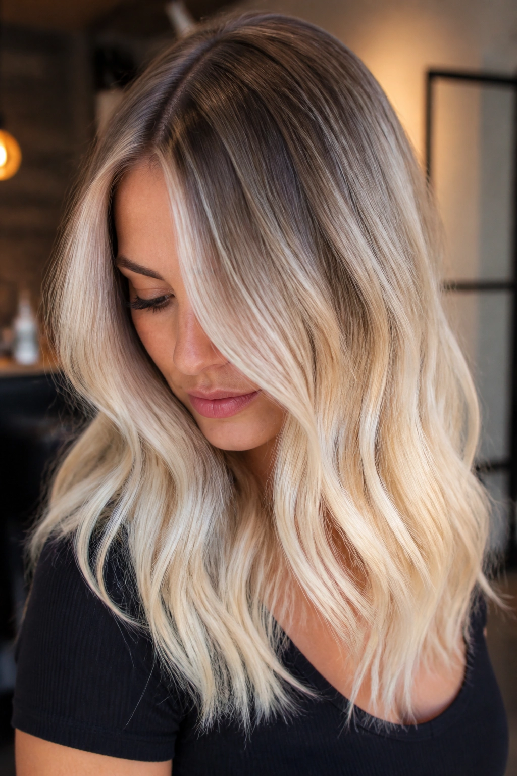 Close-up of soft root shadow transitioning to platinum ends