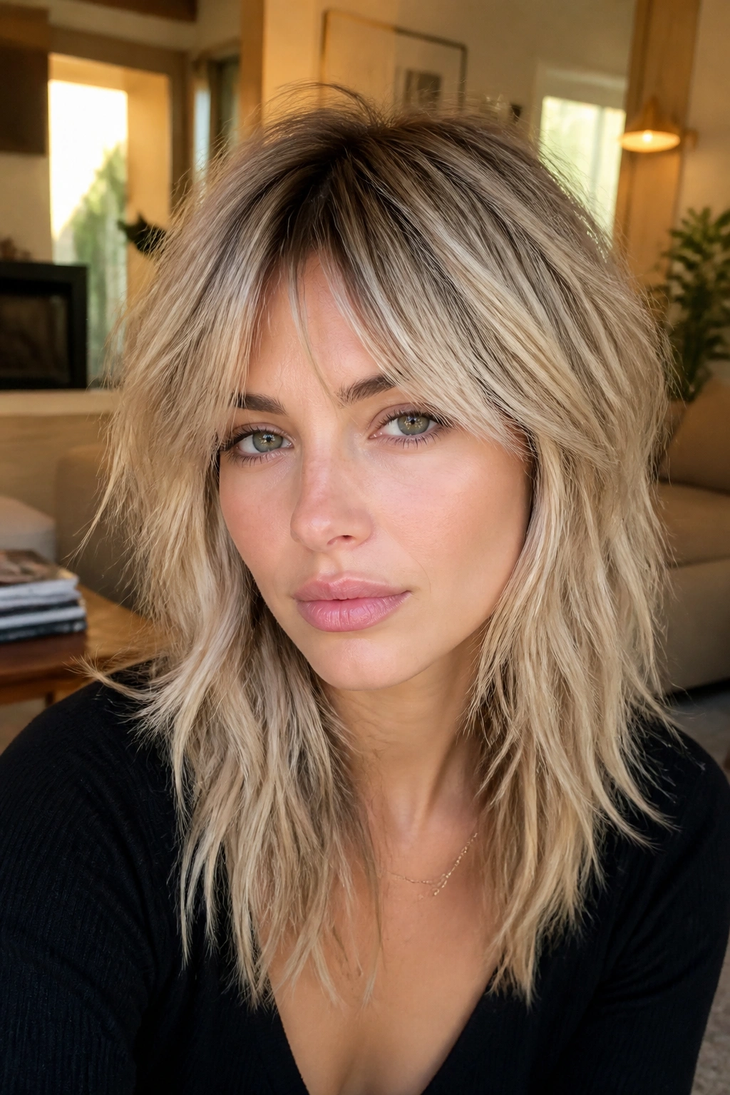 Portrait of a real woman with soft root-smudge champagne on a shag haircut