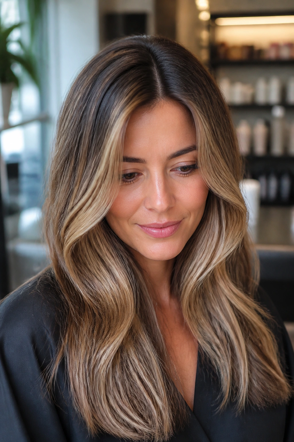 Close-up of a real woman with soft rooted bronde hair in a salon setting