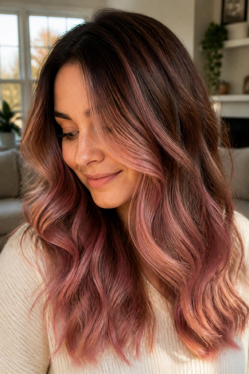 Close-up portrait of a brunette with soft rose balayage in warm window light