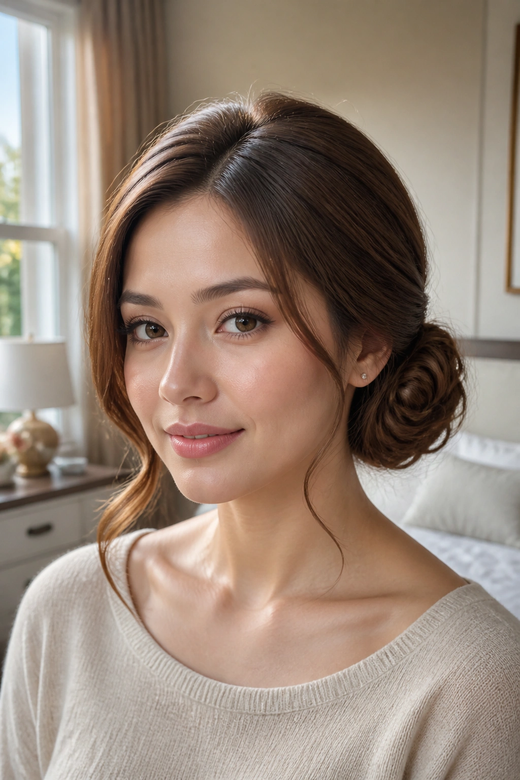 Close-up portrait of a woman with a low rose bun and a subtle side part