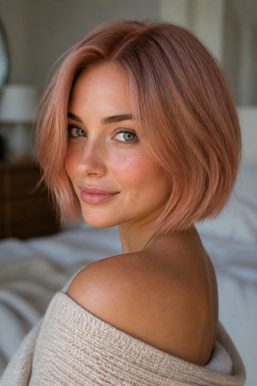Close-up of a real woman with a soft rose copper bob under warm window light