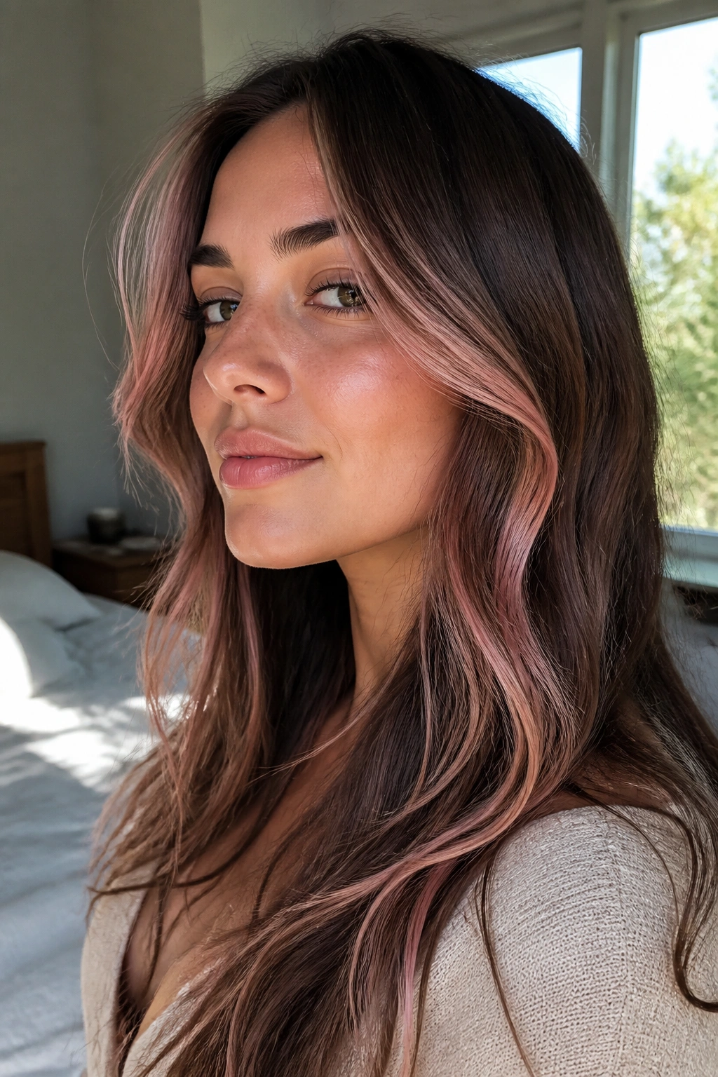 Close-up of a real woman with soft rose face-framing pieces in brown hair.