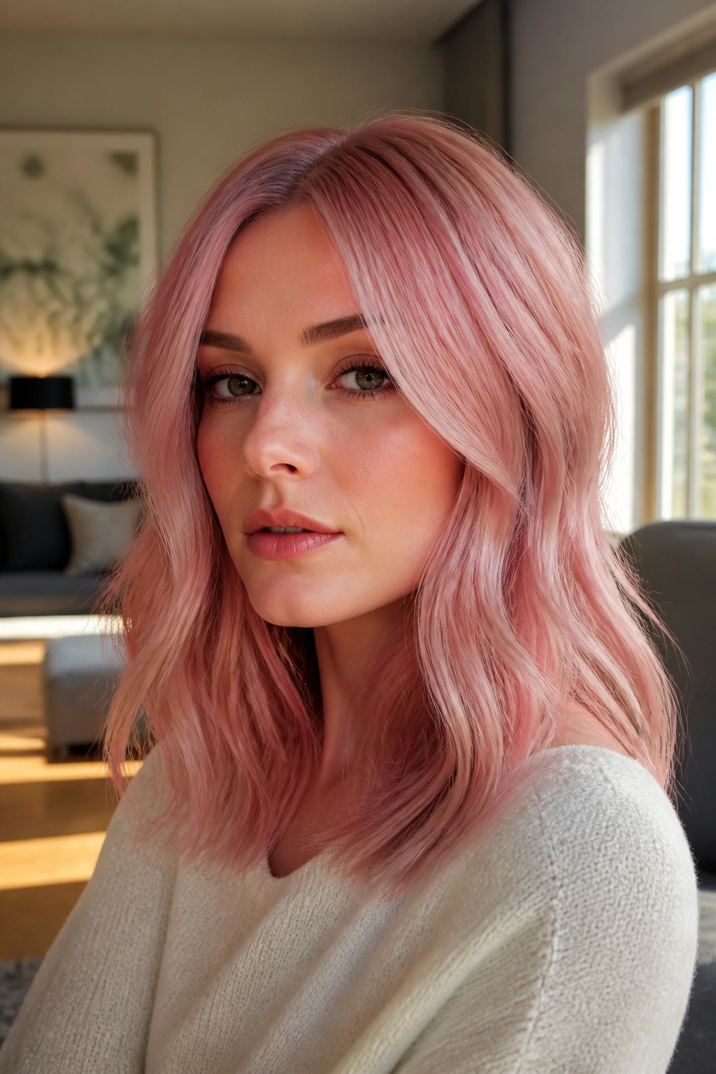 Close-up portrait of a real person with soft rose quartz hair on cool skin