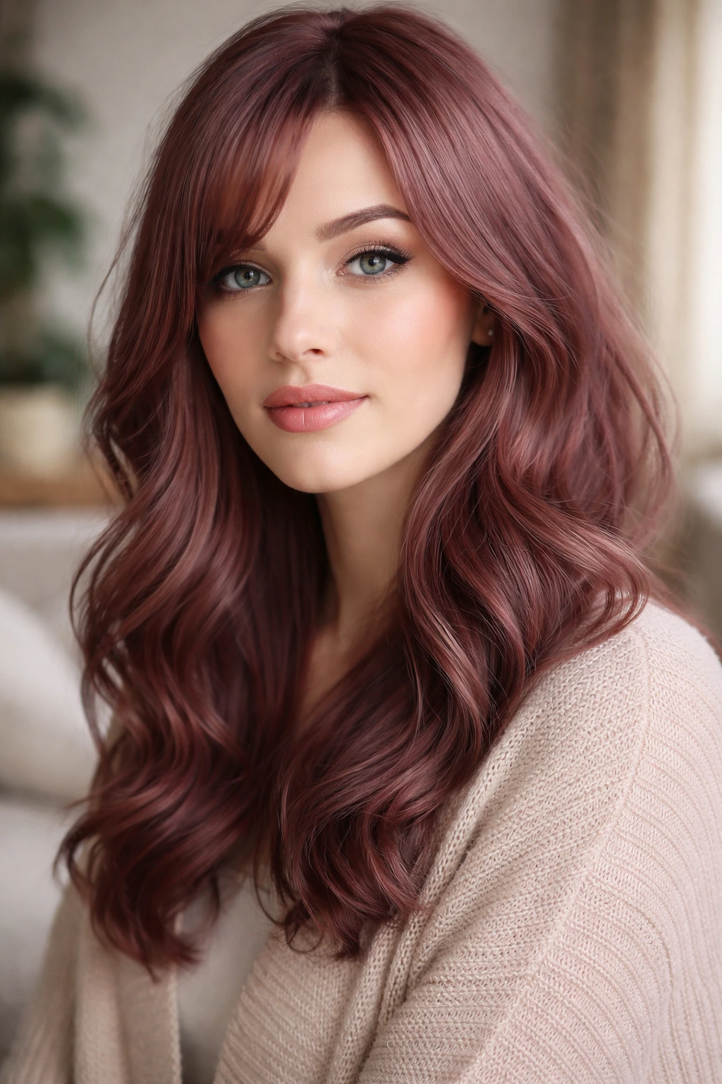 Close-up portrait of a real woman with soft dusty rosewood hair in natural daylight