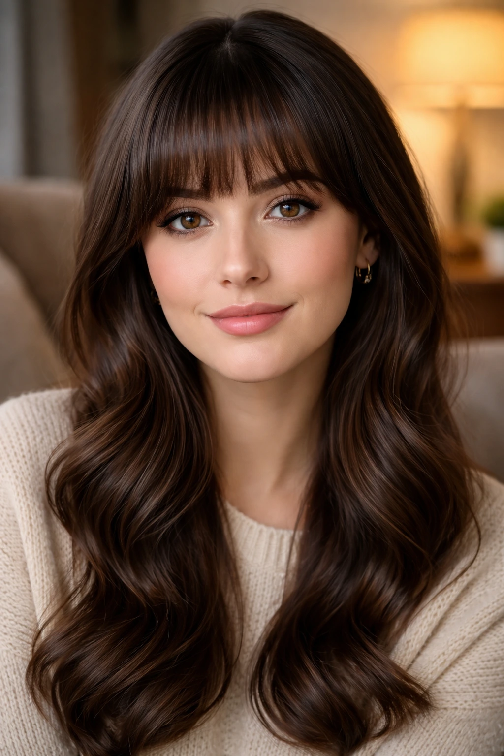 Close-up of a woman with soft rounded bangs in warm indoor light