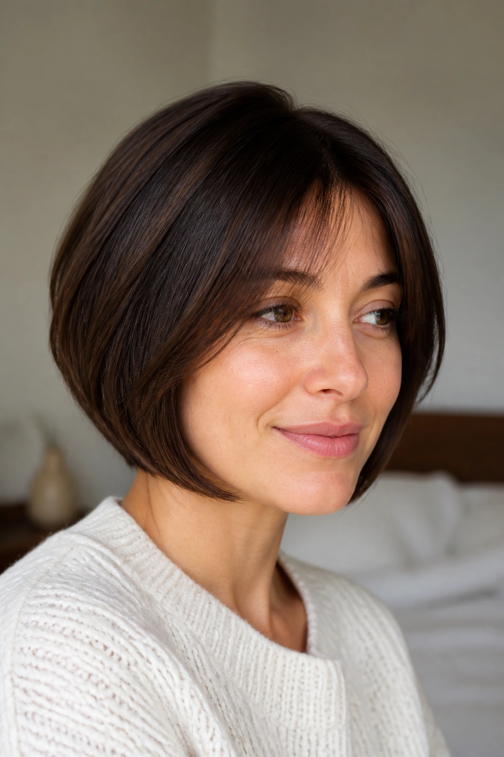 Close-up portrait of a real woman with a soft rounded French bob showing gentle curve and crown lift