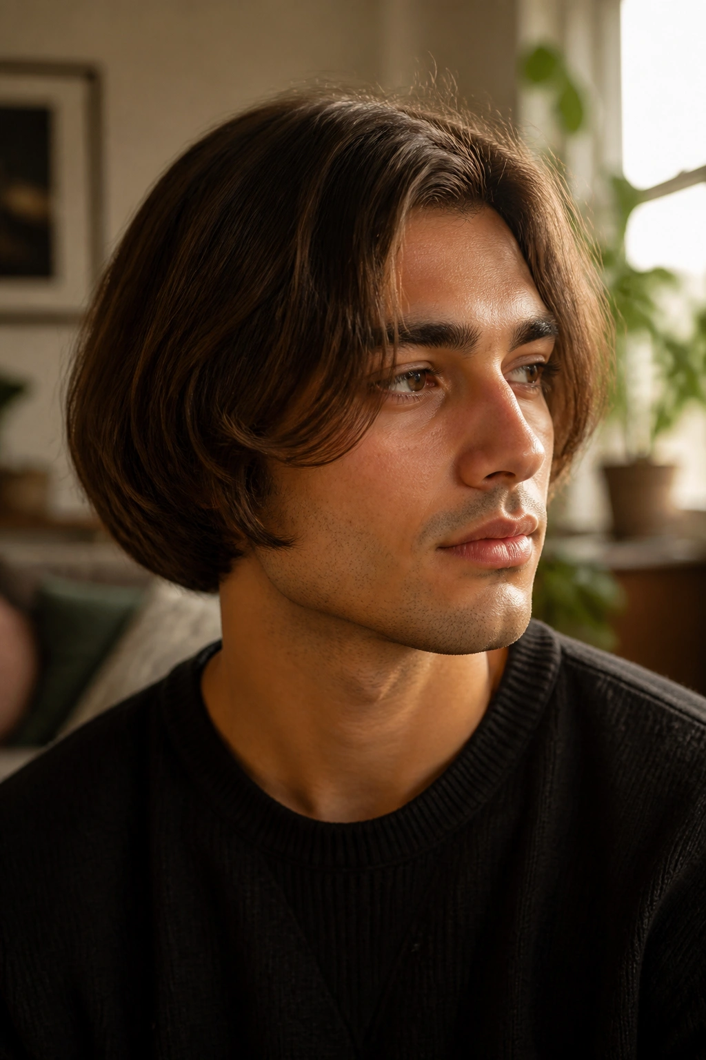 Close-up portrait of a man with a soft rounded bob silhouette