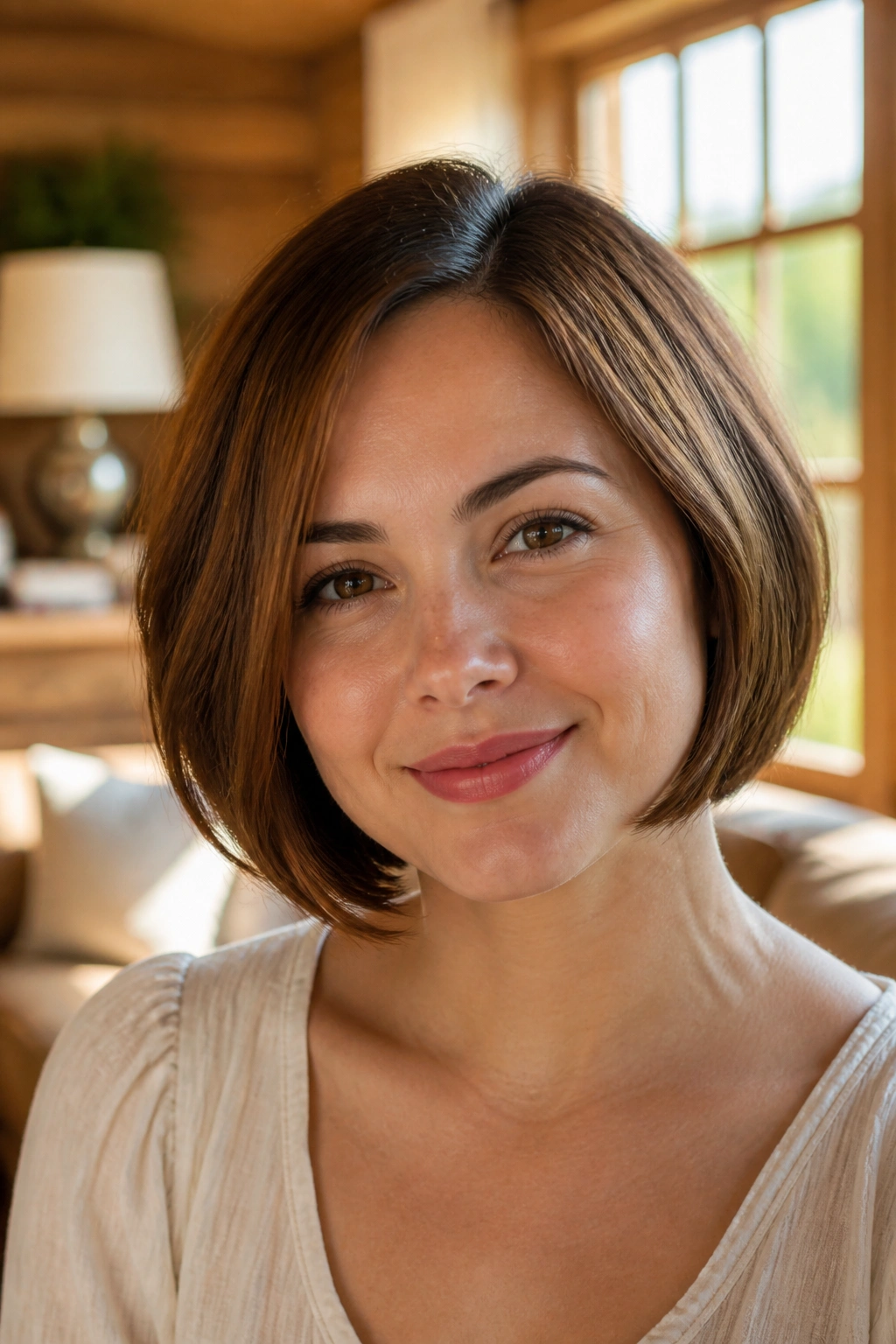 Close-up portrait of a real woman with soft rounded bob for round faces, side part, warm window light