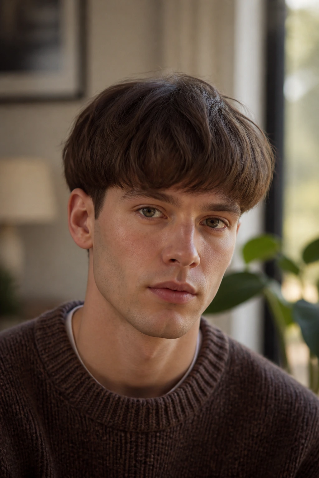 Man with soft rounded bowl cut in warm living room light