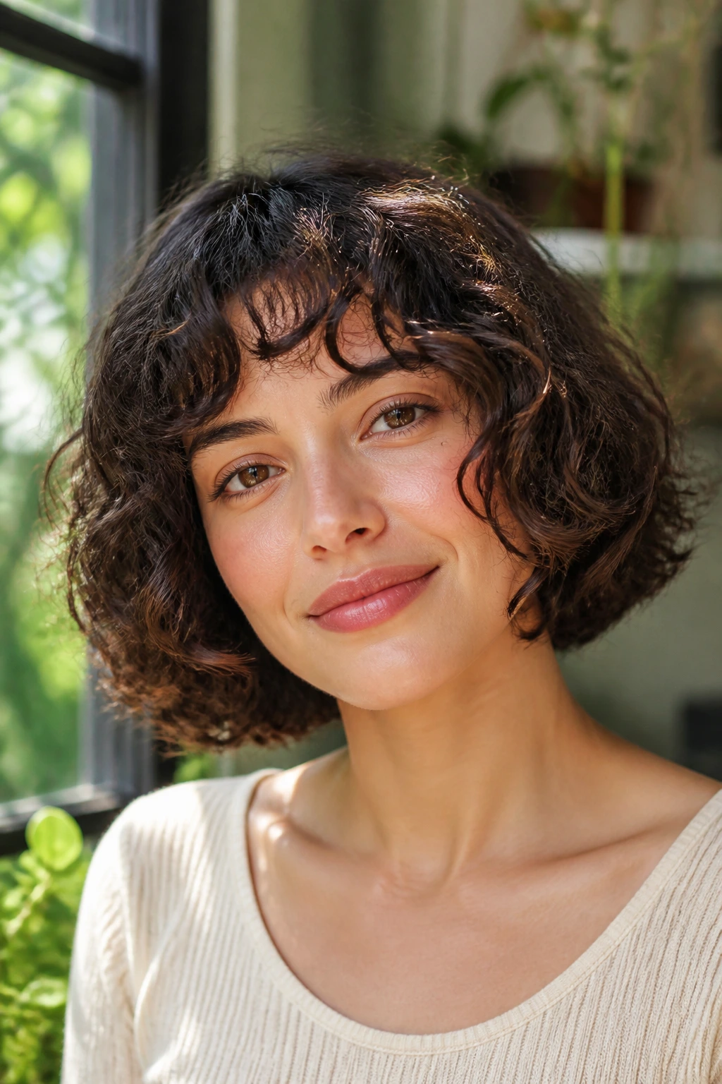 Close-up of a real woman with a soft rounded curly bob in natural light