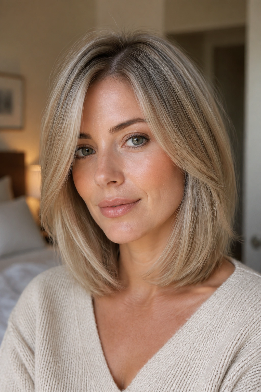 Close-up portrait of a real woman with a soft rounded lob in sandy beige blonde, lit by natural window light.