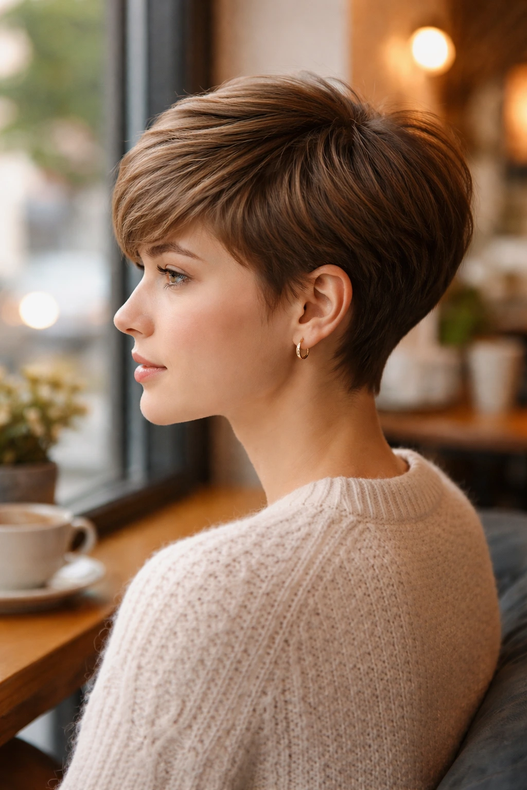 Portrait of a real girl with a soft rounded pixie showing balanced profile