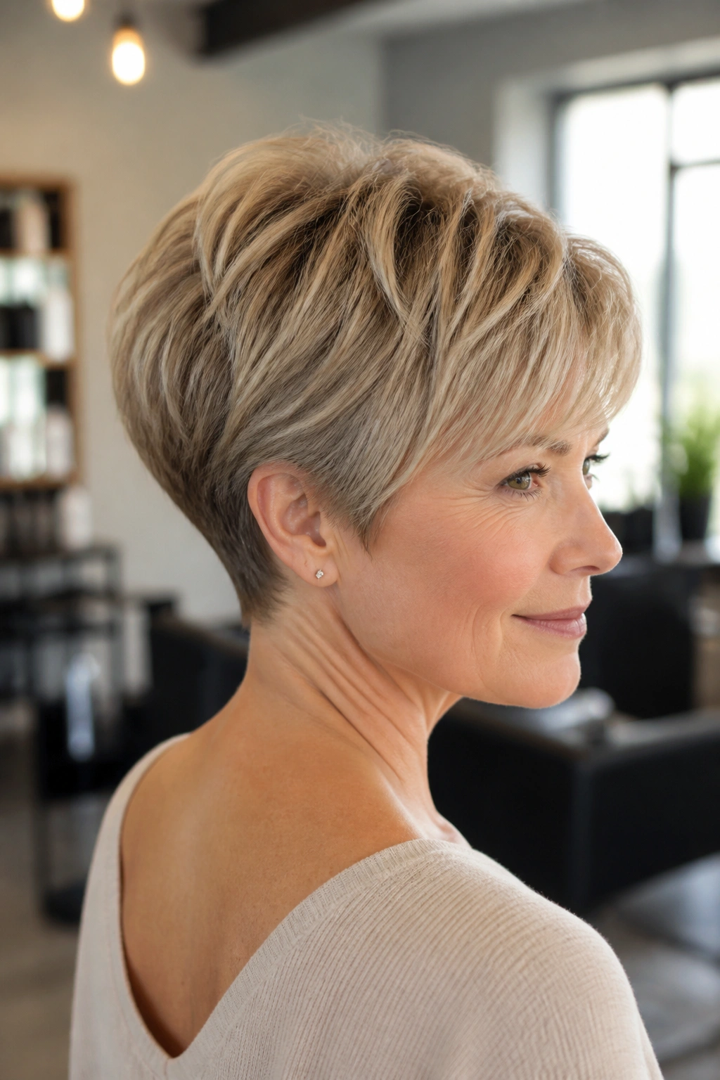Close-up of real woman with soft rounded stacked pixie for fine hair in a chic salon