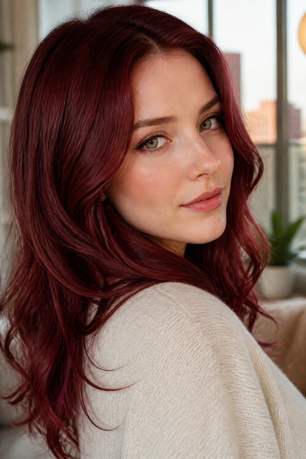 Close-up portrait of a person with soft ruby cherry hair in cool jewel tones
