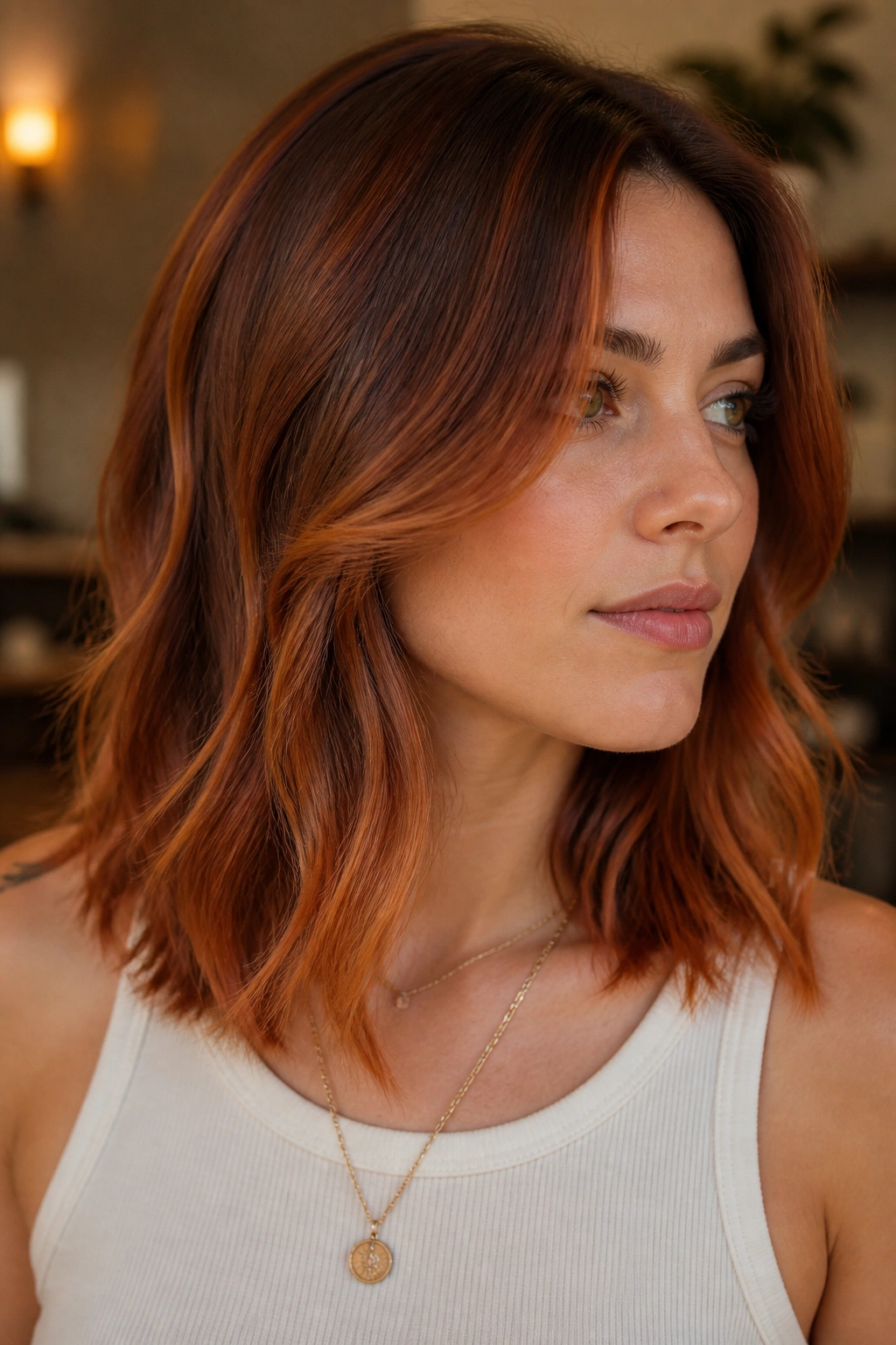 Mid-length hair with soft rust copper gradient from crown to ends