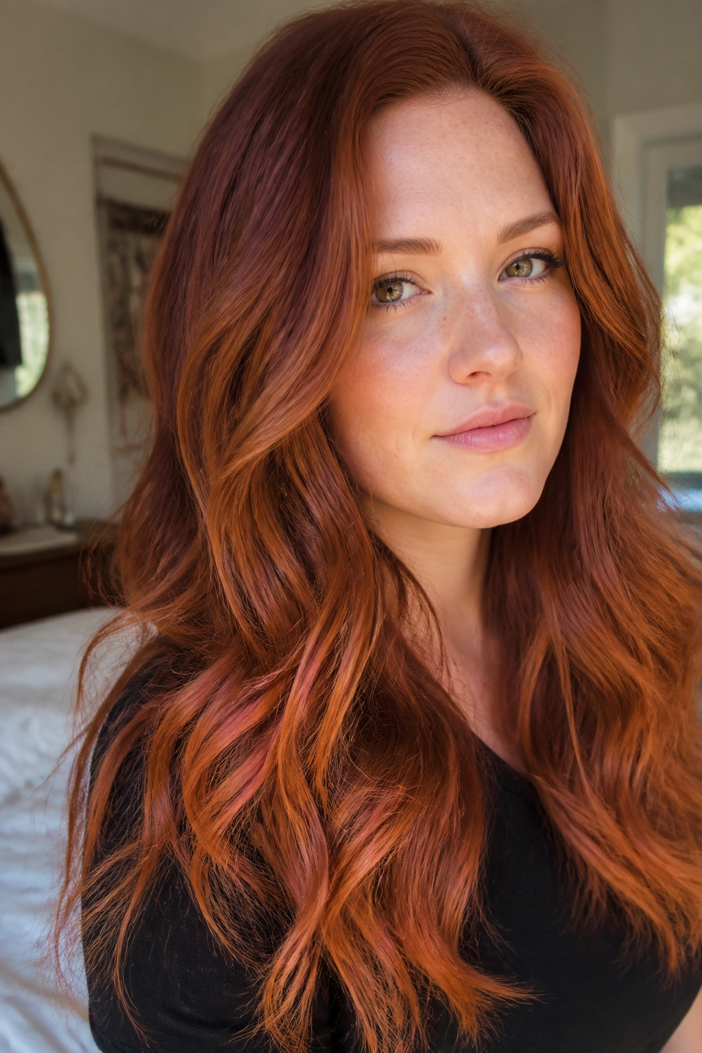 Close-up of a natural redhead with soft rust ombre highlighting the ends