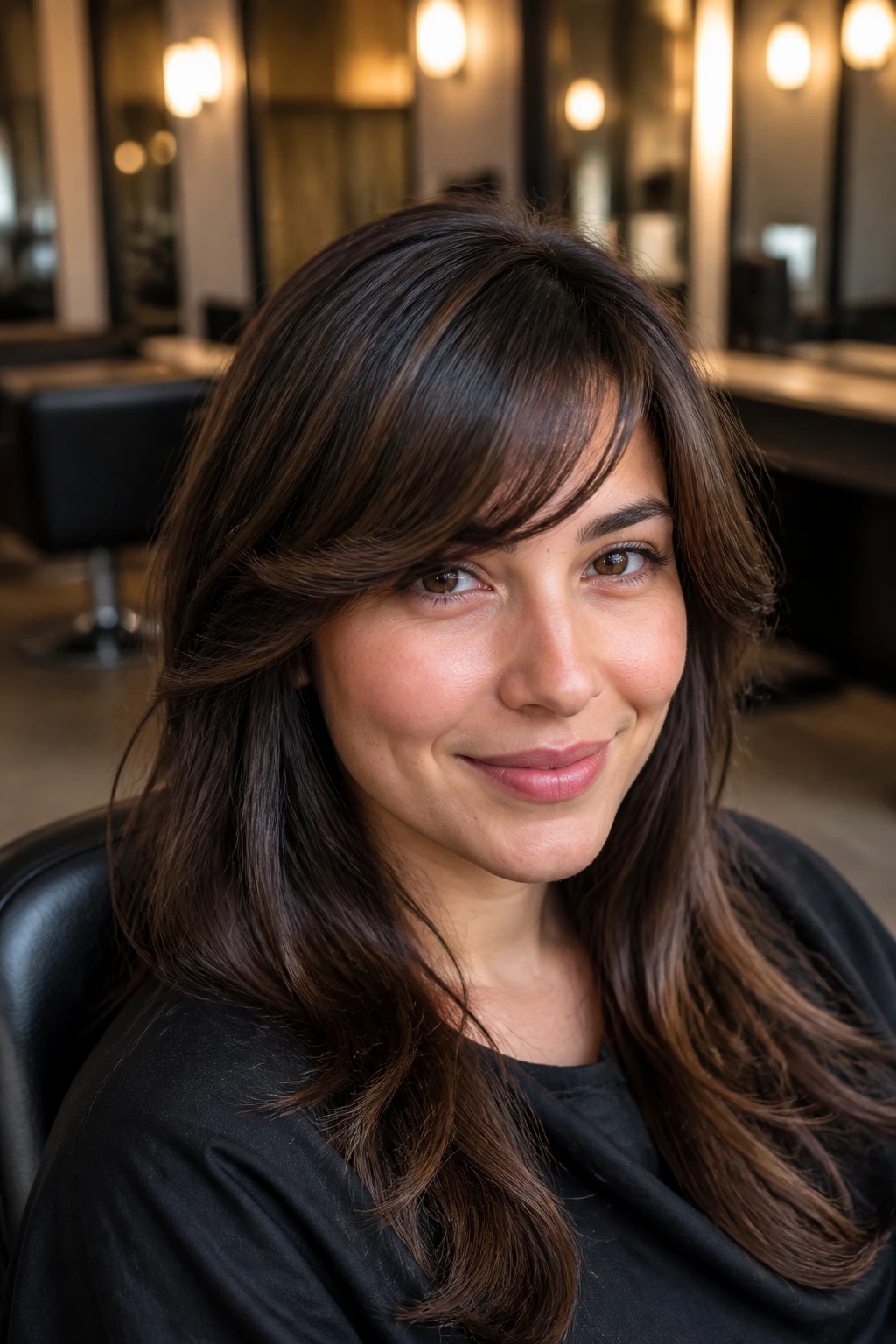 Close-up portrait of a real woman with a soft S-curve fringe