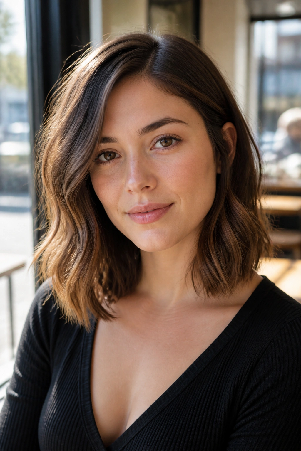 Close-up of a real woman with a soft S-wave lob and glossy finish.