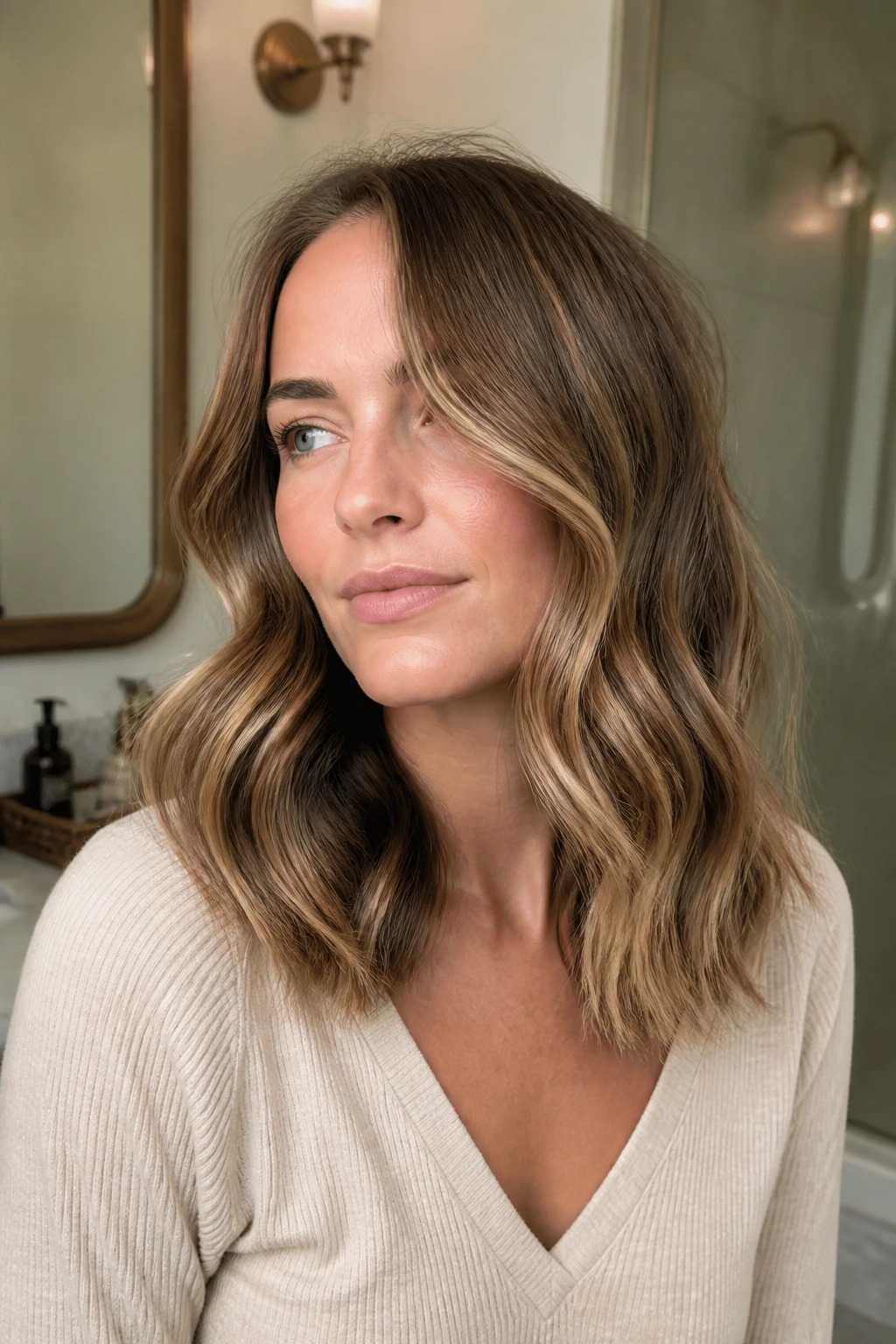 Close-up of a real person with soft S-shaped waves in mid-length hair.