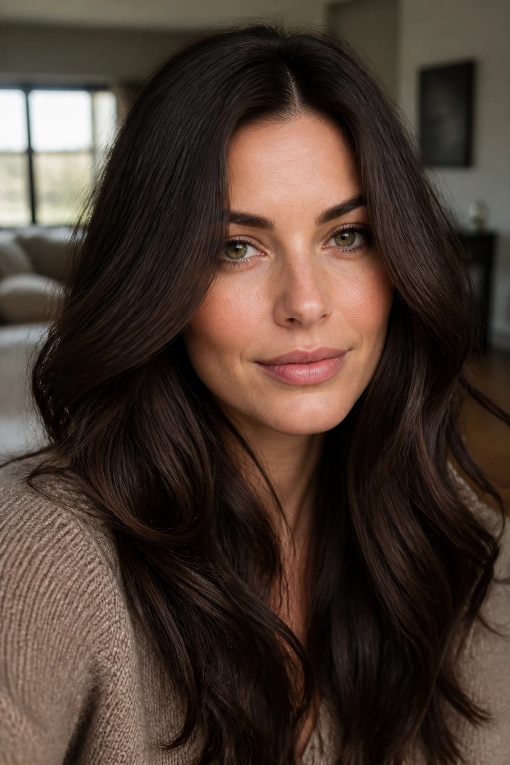 Close-up portrait of a woman with soft sable brunette hair in natural light