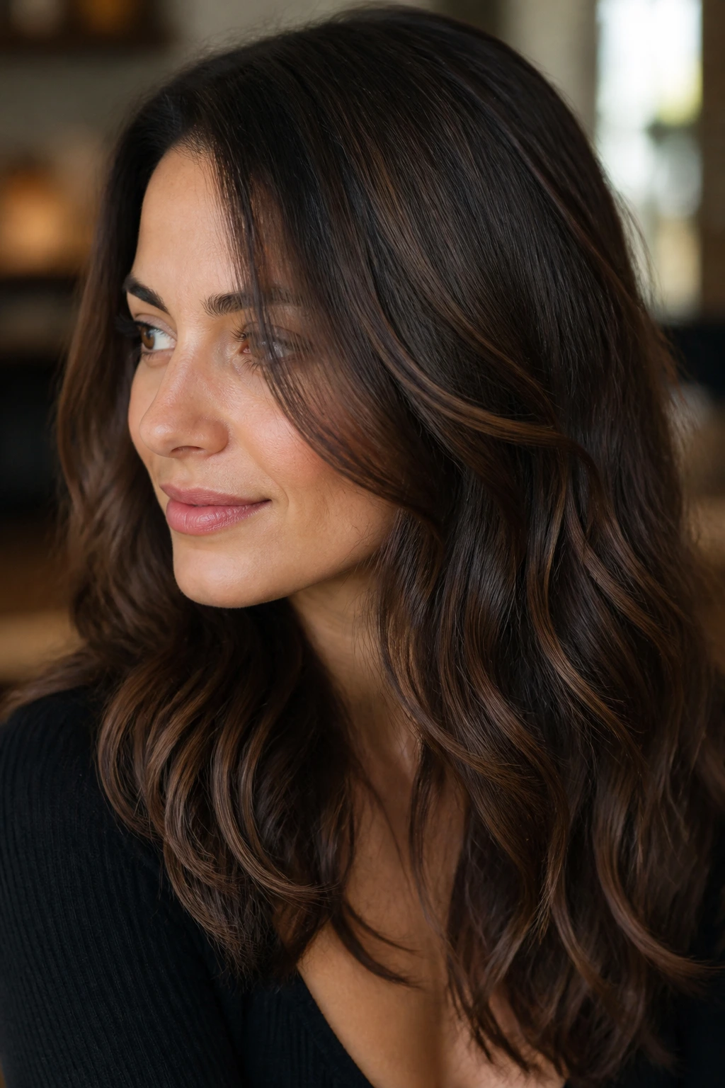 Close-up of brunette with soft sable lowlights for subtle shadow
