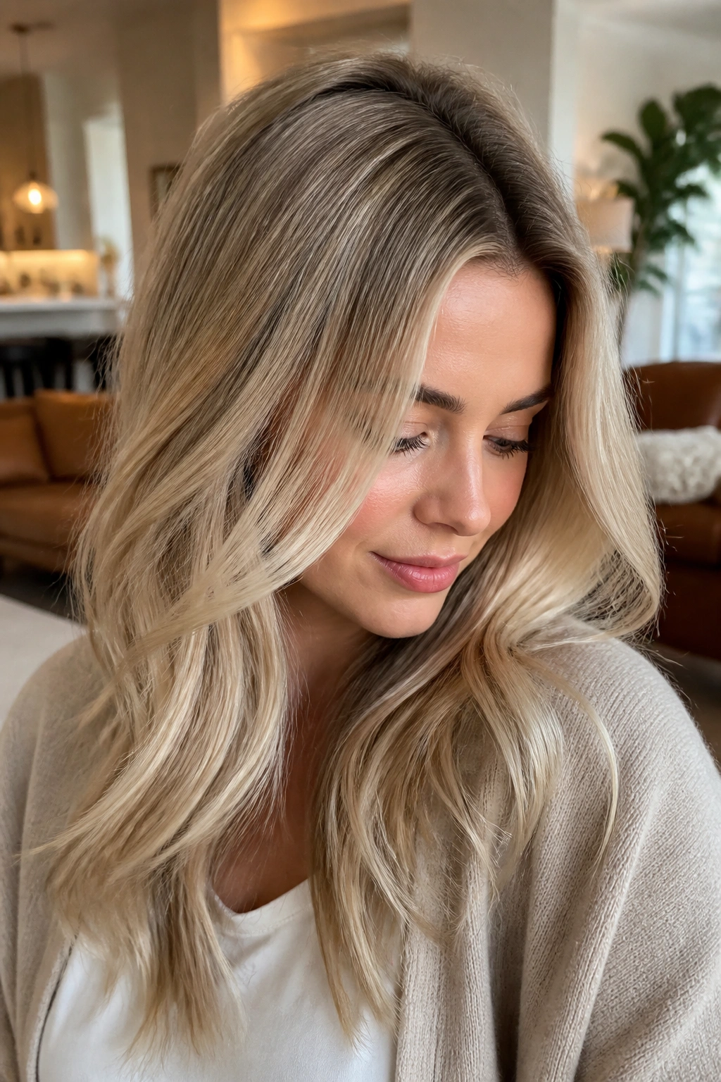 Close-up portrait of a real person with soft sand blonde hair and shadow roots in natural light.