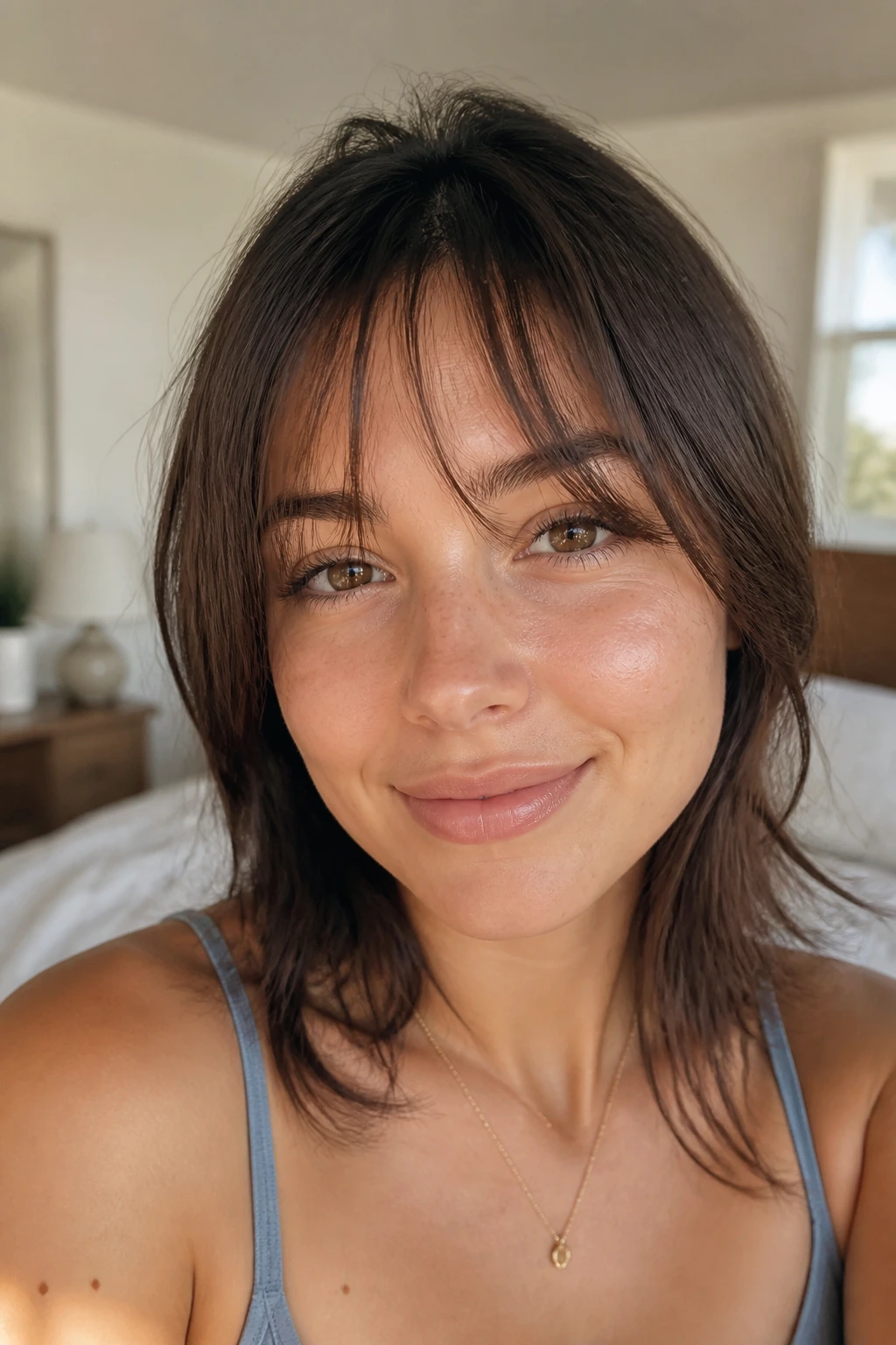 Close-up portrait of a real woman with airy see-through bangs in sunlit room