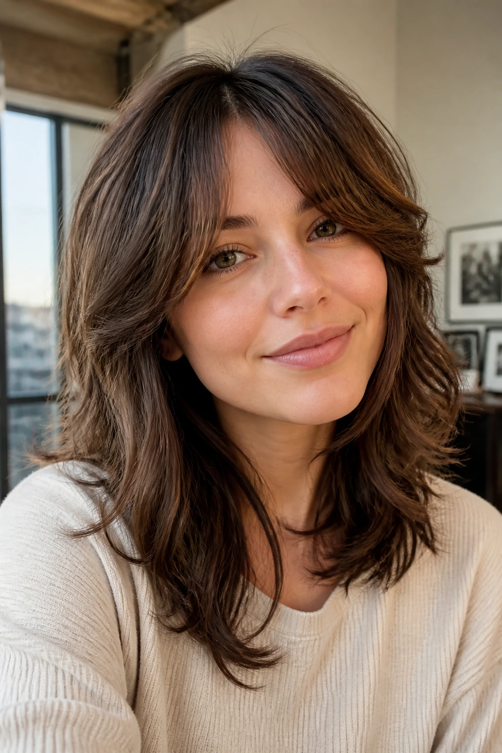 Close-up of a woman with a soft shag and airy ends in a sunlit urban apartment
