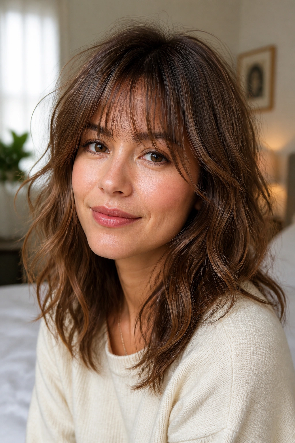Portrait of a real woman with soft shag and airy fringe