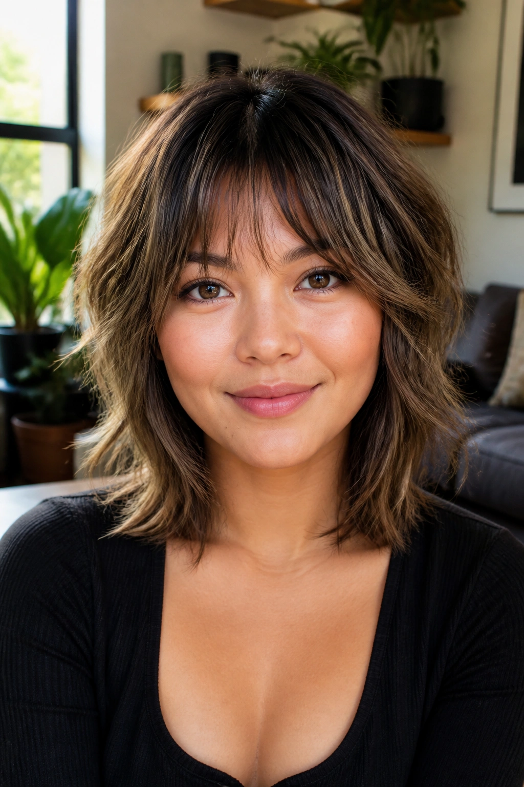 Close-up of woman with soft shag and airy fringe in natural daylight