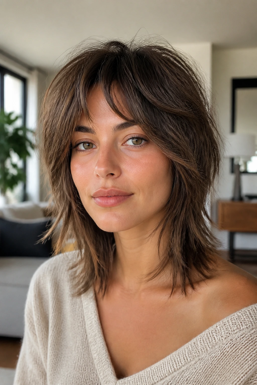 Close-up of a real woman with soft shag and airy texture in a modern living room.
