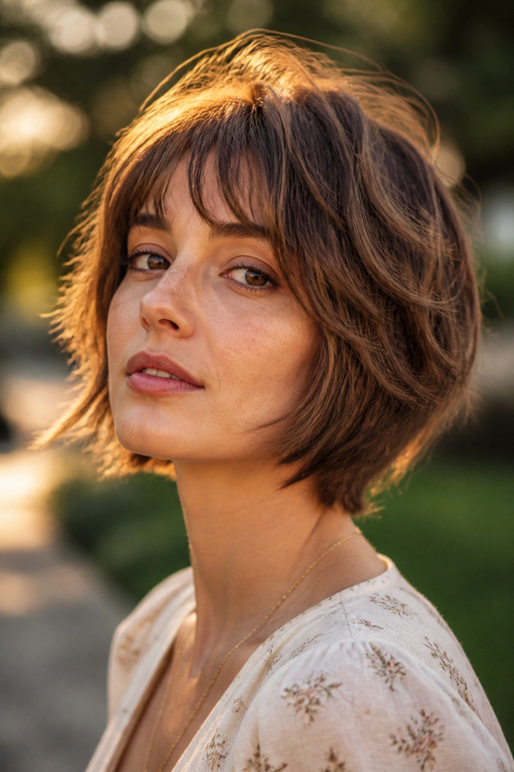 Close-up of a real woman with a soft shag bob on a sunny day in a park.