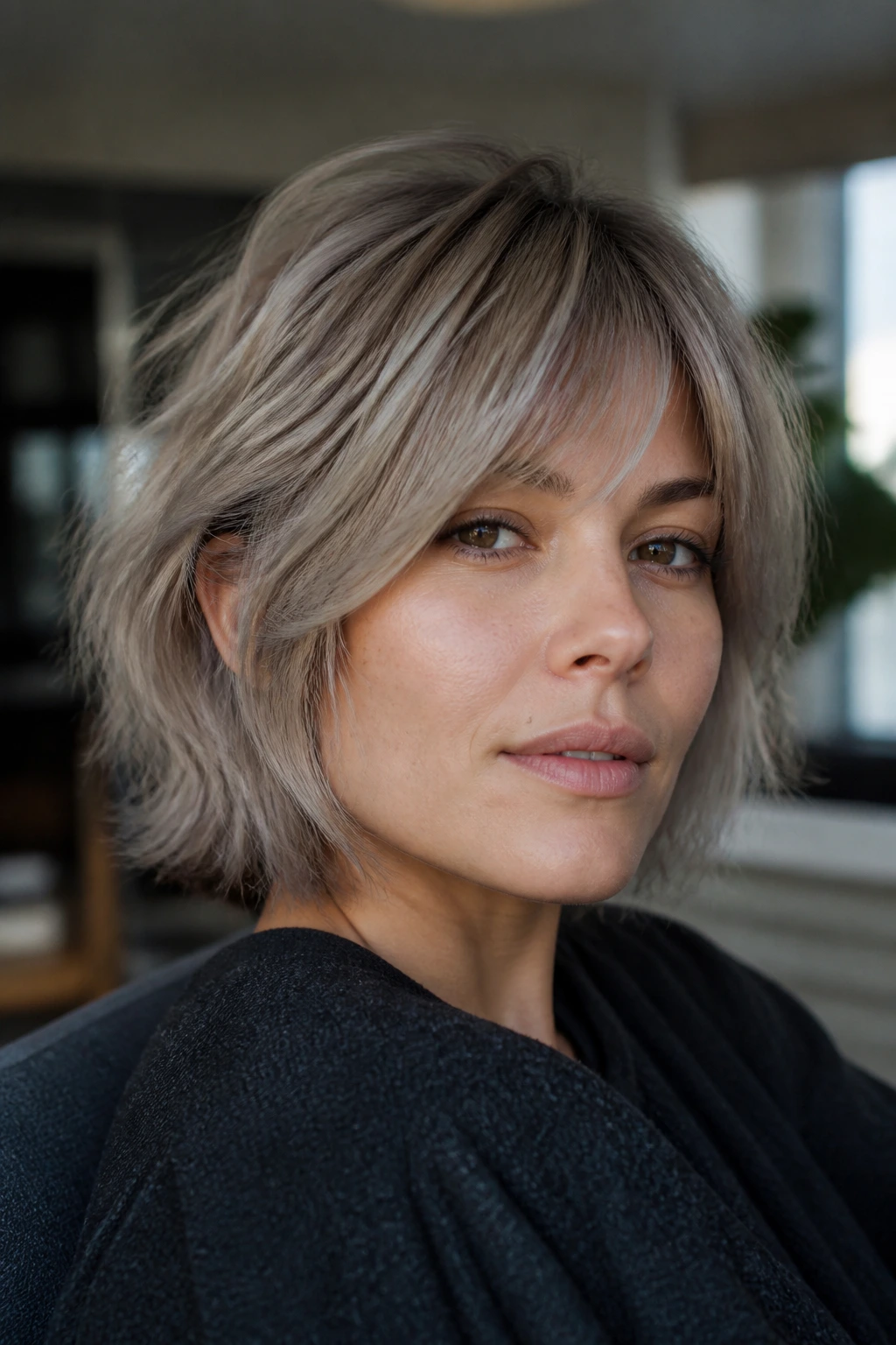 Real woman with soft shag-bob hybrid in ash tone