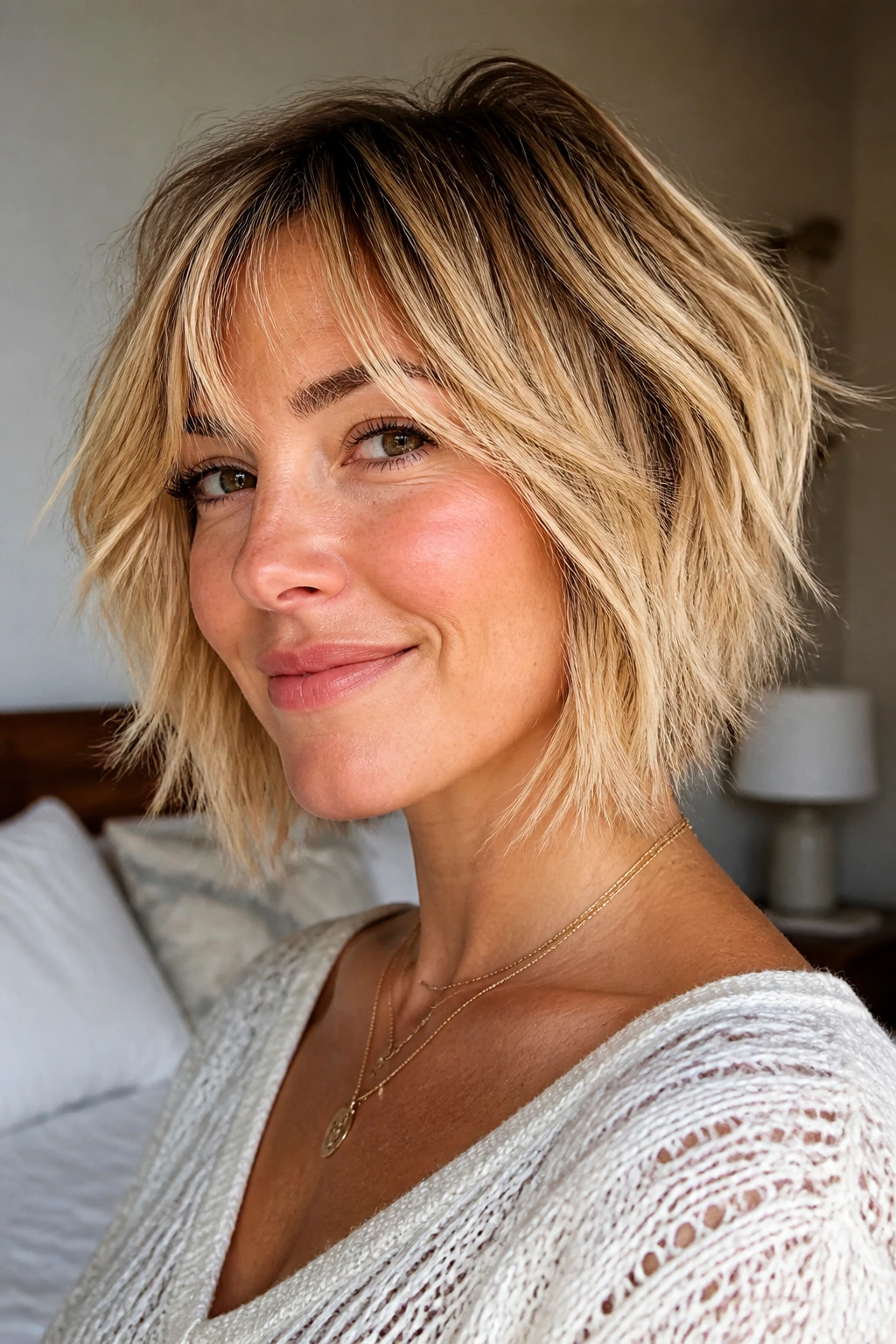 Close-up of a real woman with soft shag bob and choppy ends in buttery blonde with darker roots