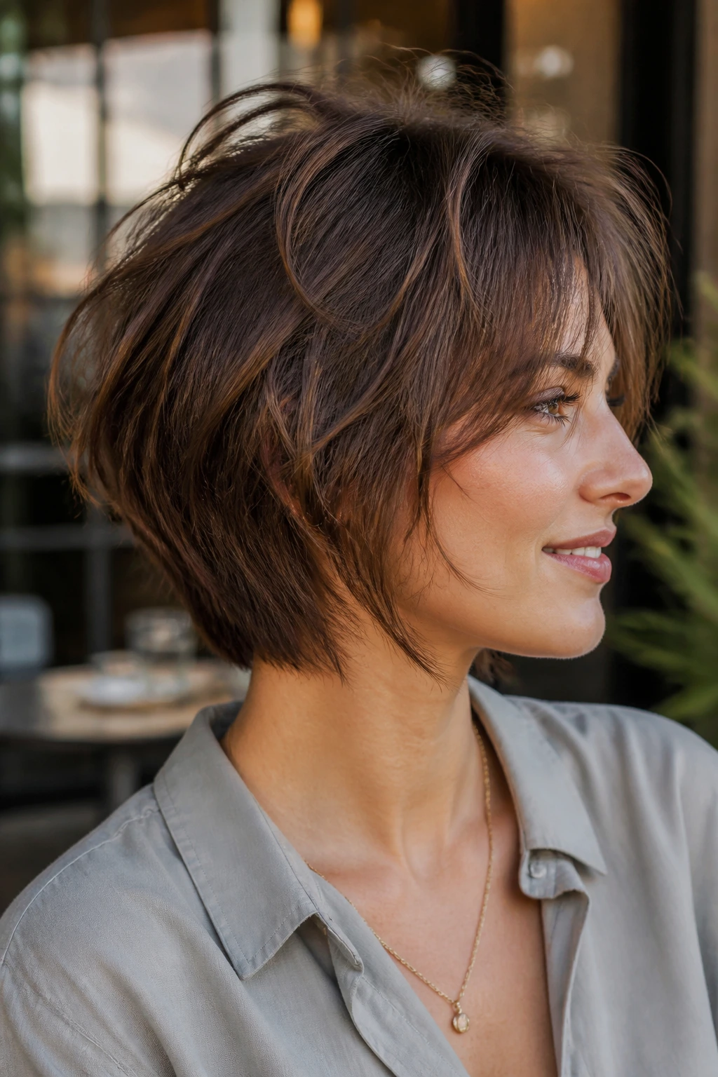 Portrait of a real woman with soft shag-bob and back graduation.