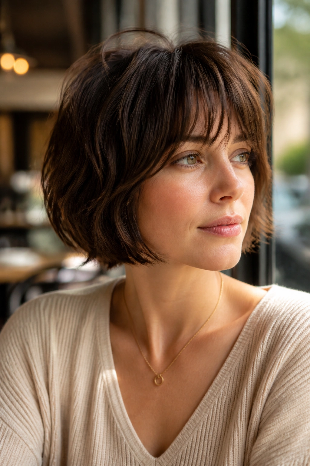 Close-up of real woman with soft shag-bob hybrid and light texture near crown.