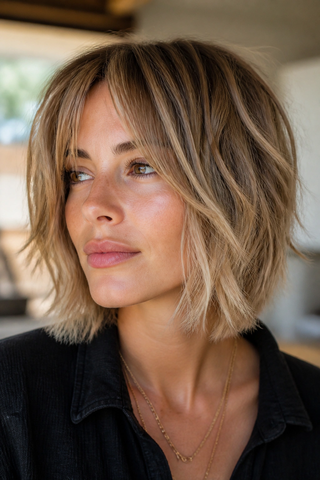 Real woman with soft shag bob and broken texture in natural light