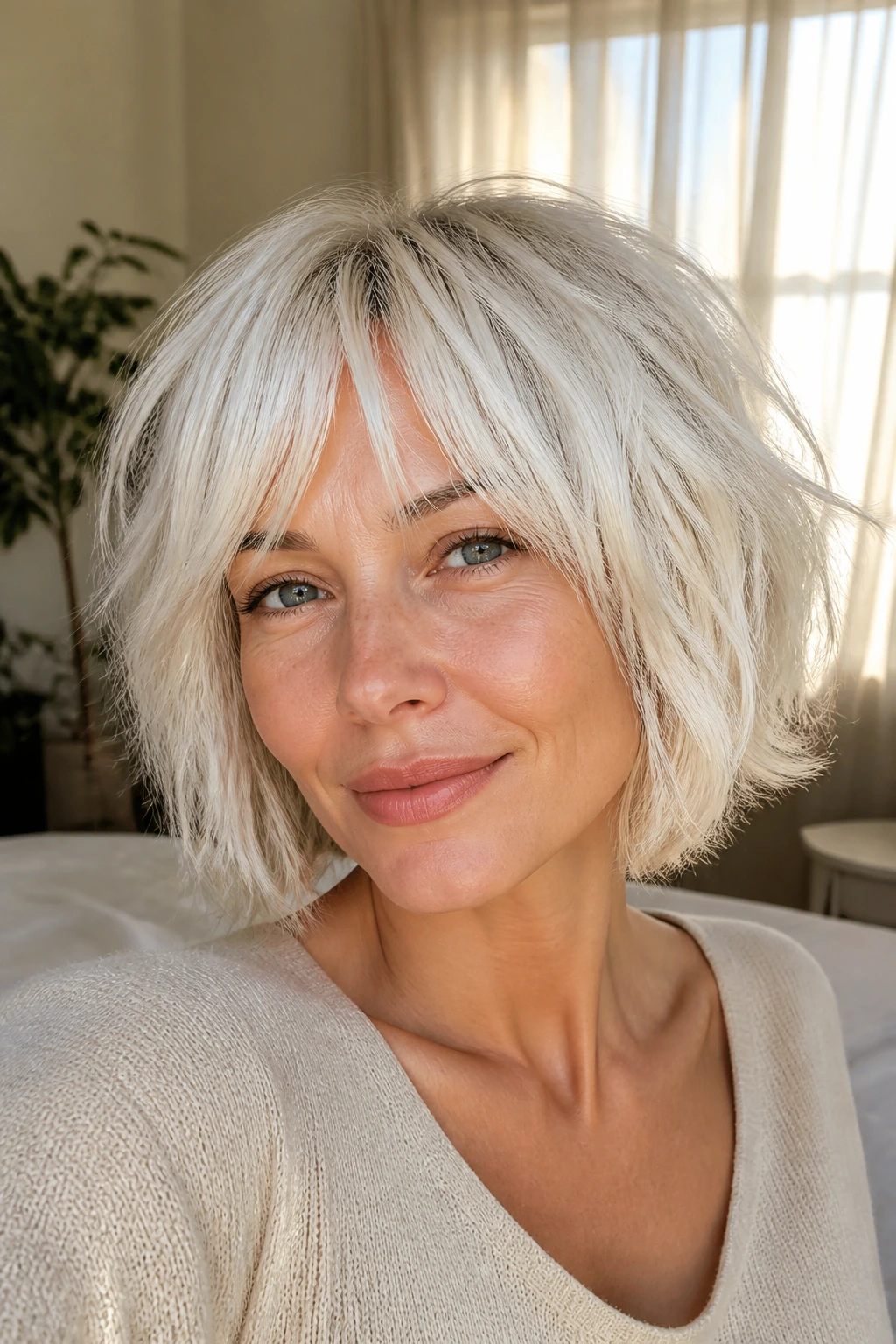 Close-up portrait of a real woman with soft shag bob on white hair, natural light