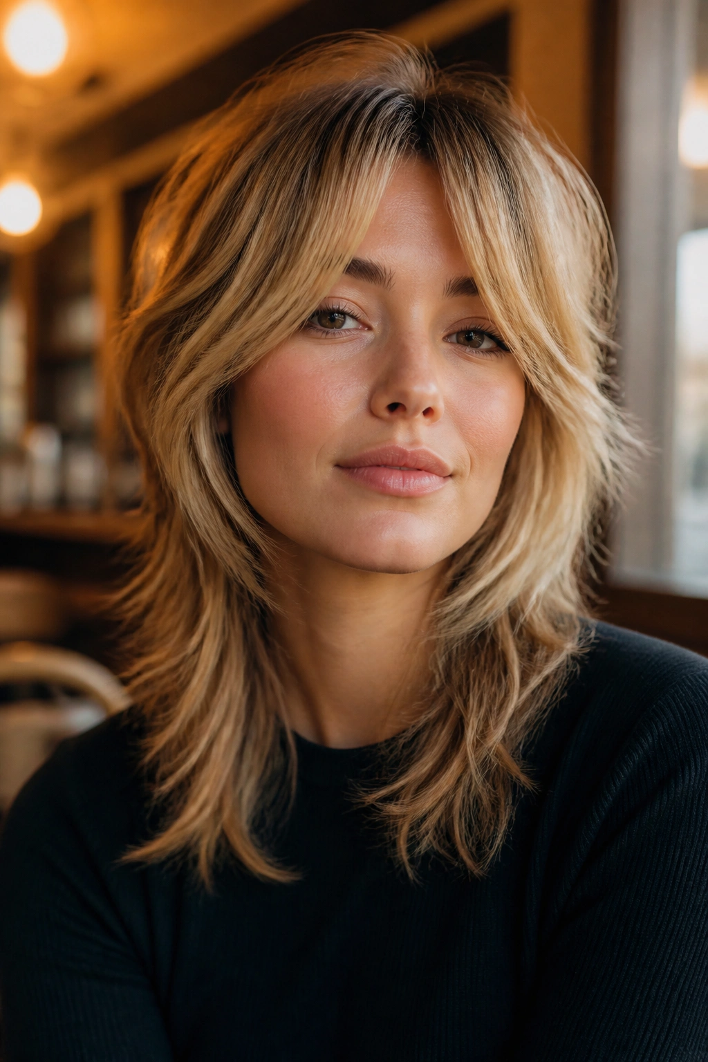 Portrait of a real woman with soft shag and bottleneck bangs in honey blonde at a cafe.