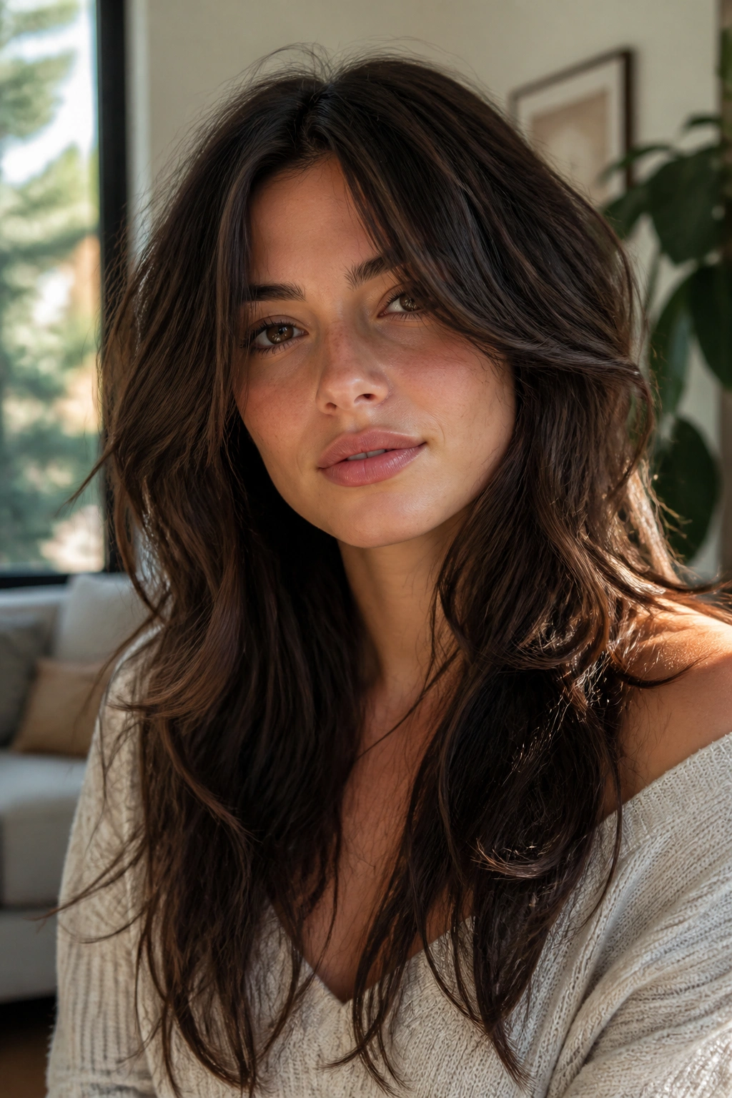 Real woman with long soft shag brunette hair.