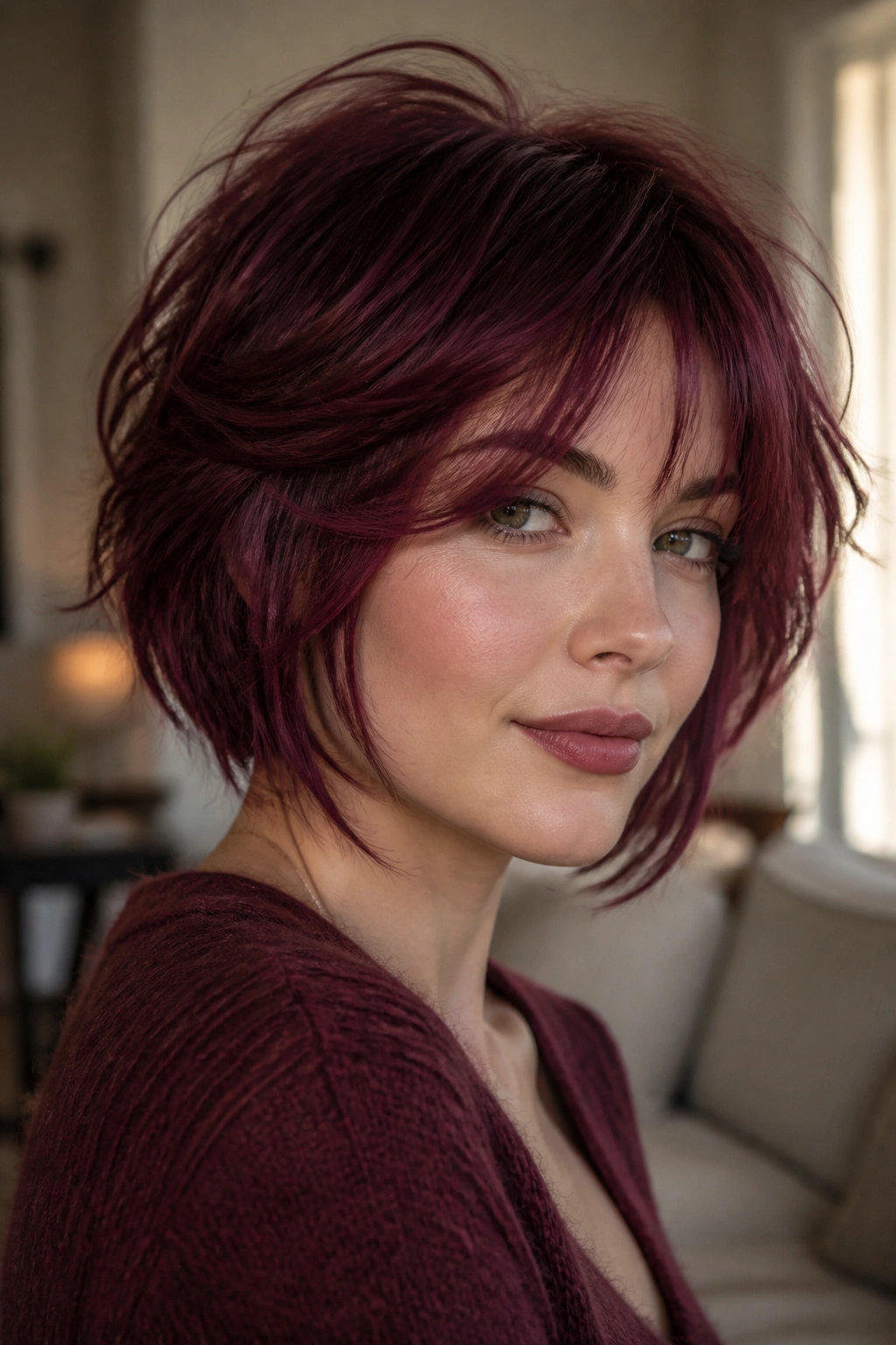 Close-up of real woman with soft shag burgundy bob and feathered layers