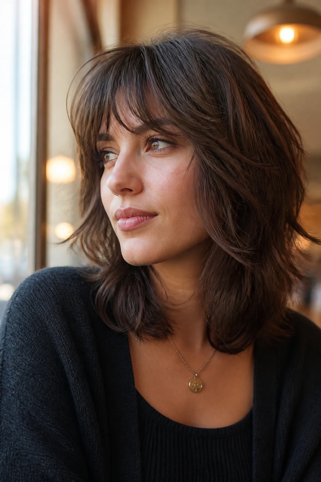Portrait of a real woman with cheekbone-grazing shag pieces framing the face.