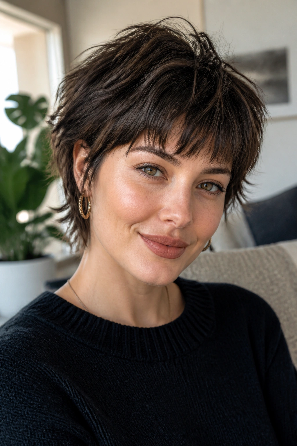 Portrait of a woman with a soft shag crop and choppy fringe.