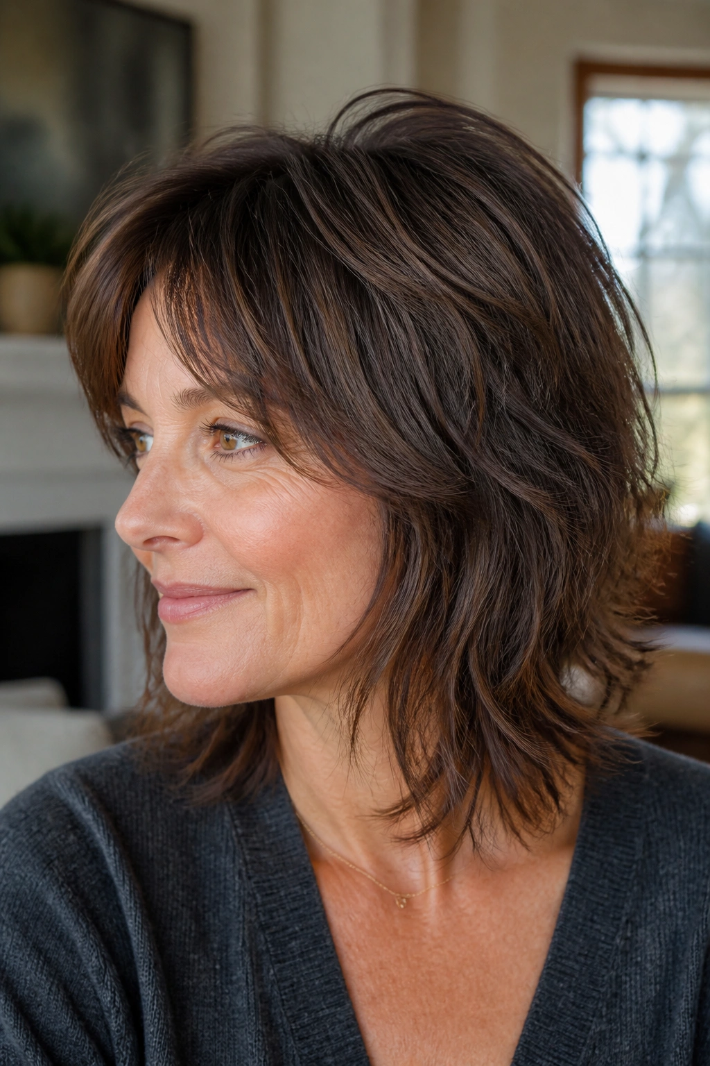 Close-up portrait of a real person with a soft shag and crown lift.