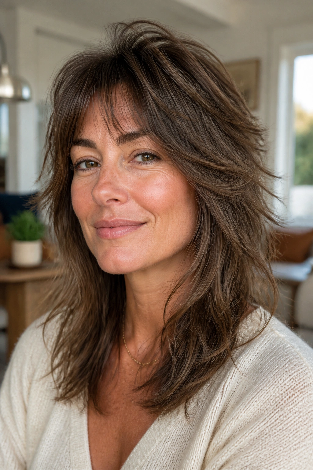 Close-up of a real woman with soft shag haircut and crown lift